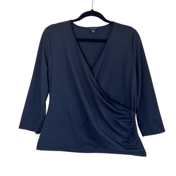 Ann Taylor Sz L Black Refined Stretch Wrap Top 3/4 Sleeve Fitted Feminine Office - Picture 2 of 16